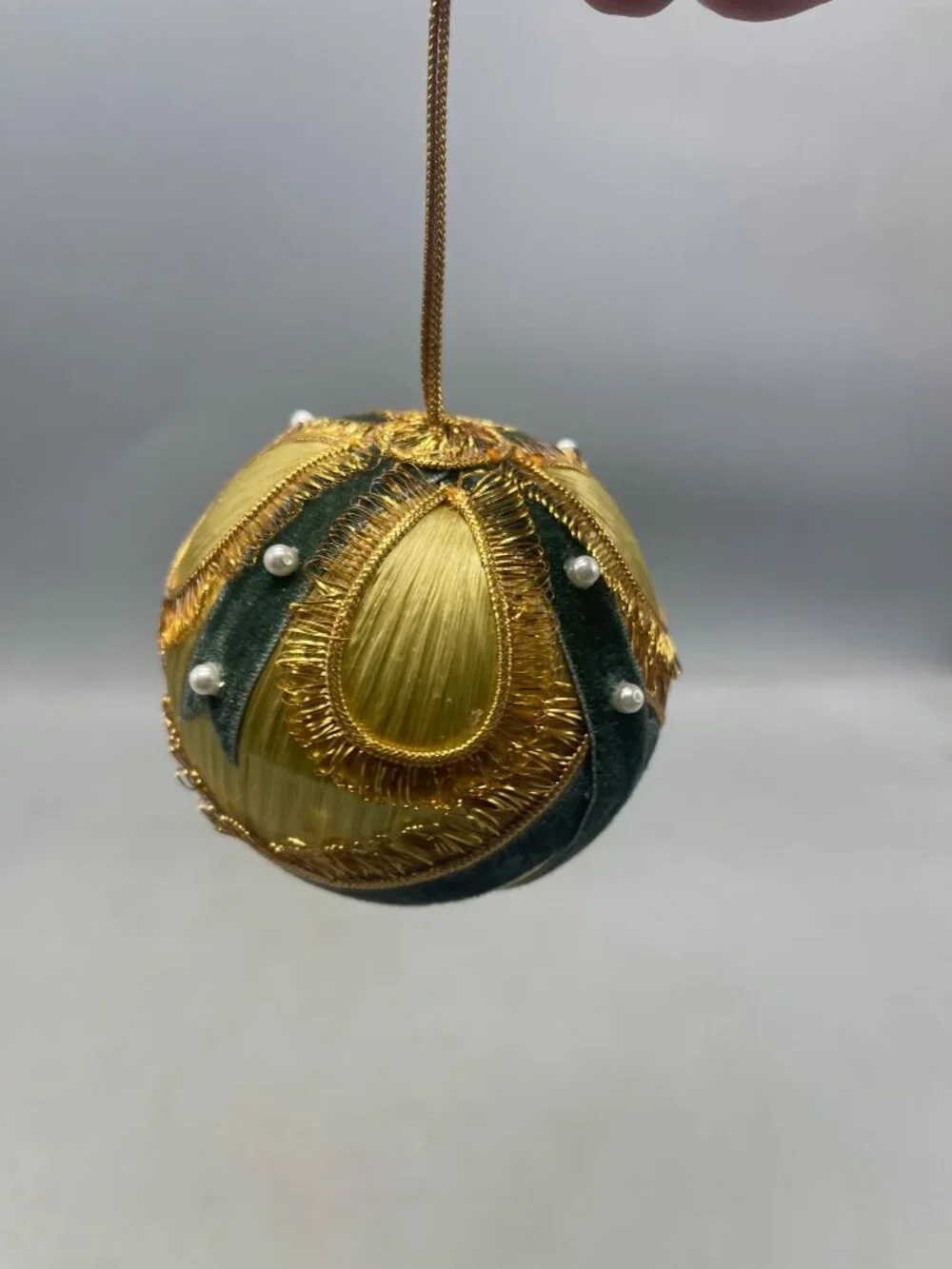 vintage set of 2 silk Christmas ornament gold green ribbon embellished felt READ